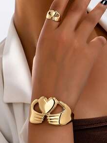 2pcs Fashionable Hug Heart Open Ring & Bracelet Set, Suitable For Women's Daily Decoration, Clothing Accessories, Vacation, Dating, Best Gift For Her