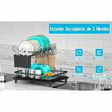 Escurridor de Trastes de 2 Niveles de Acero Inoxidable para Cocina, Escurreplatos con Bandeja de Drenaje, Soporte para Utensilios, Tabla de Cortar y Estante para Tazas, Fácil de Instalar y Limpiar - Negro - Ver 9
