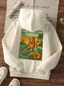 1pc Tween Boy Casual Printed Pullover Sweatshirt, Thermal Lined, Long Sleeve, Autumn/Winter - Apricot - View 3