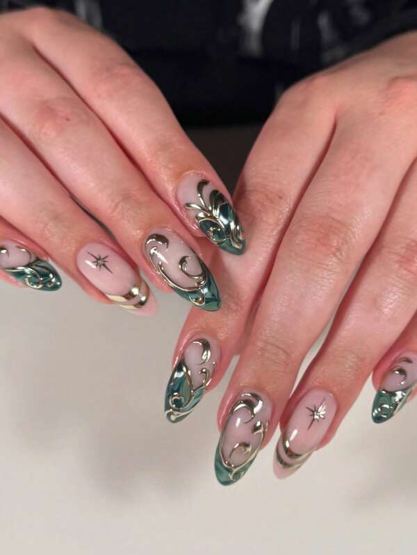 24 Pieces Of Almond Shaped French Acrylic Press On Nails With 3D Gold Flower Stripes Fake Nails For Daily Travel Dating Dark Green Contrast Color Autumn And Winter Gifts Must Have Gold Nails With Jelly Glue 1 Piece 1 Piece