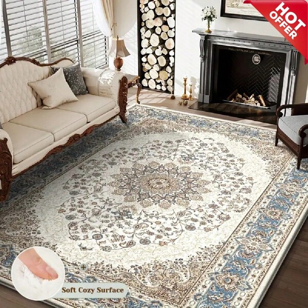 Eine hochwertige Version (950g/㎡) eines blau-weißen Teppichs im Boho-Stil / Samt-Velours mit großer Fläche, mit hochwertigem, verdichtetem Material. Verziert mit personalisierten geometrischen Mustern als Küchenteppich.