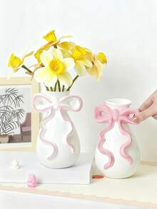 可爱的粉色蝴蝶结陶瓷花瓶，精致的家居装饰，卧室桌面摆件，浪漫的花卉摆设，时尚的中心装饰品，也适用于客厅、梳妆台或架子——为您的空间增添迷人、甜蜜和时尚的氛围。 - 彩色 - 查看 2
