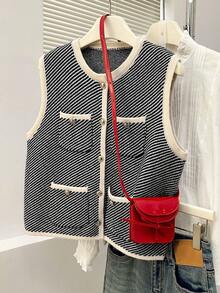 Alicedudu 女士秋冬优雅人字纹设计圆领开衫背心 - 黑色 - 查看 1