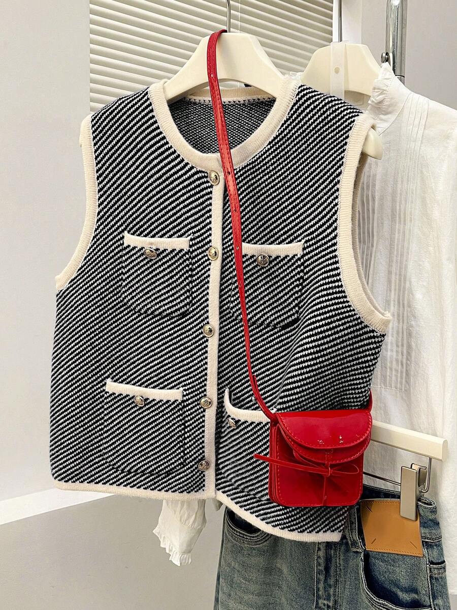 Alicedudu 女士秋冬优雅人字纹设计圆领开衫背心 - 黑色 - 查看 1