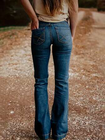Jeans de campana con bordado en el bolsillo trasero, de estiramiento, para mujer