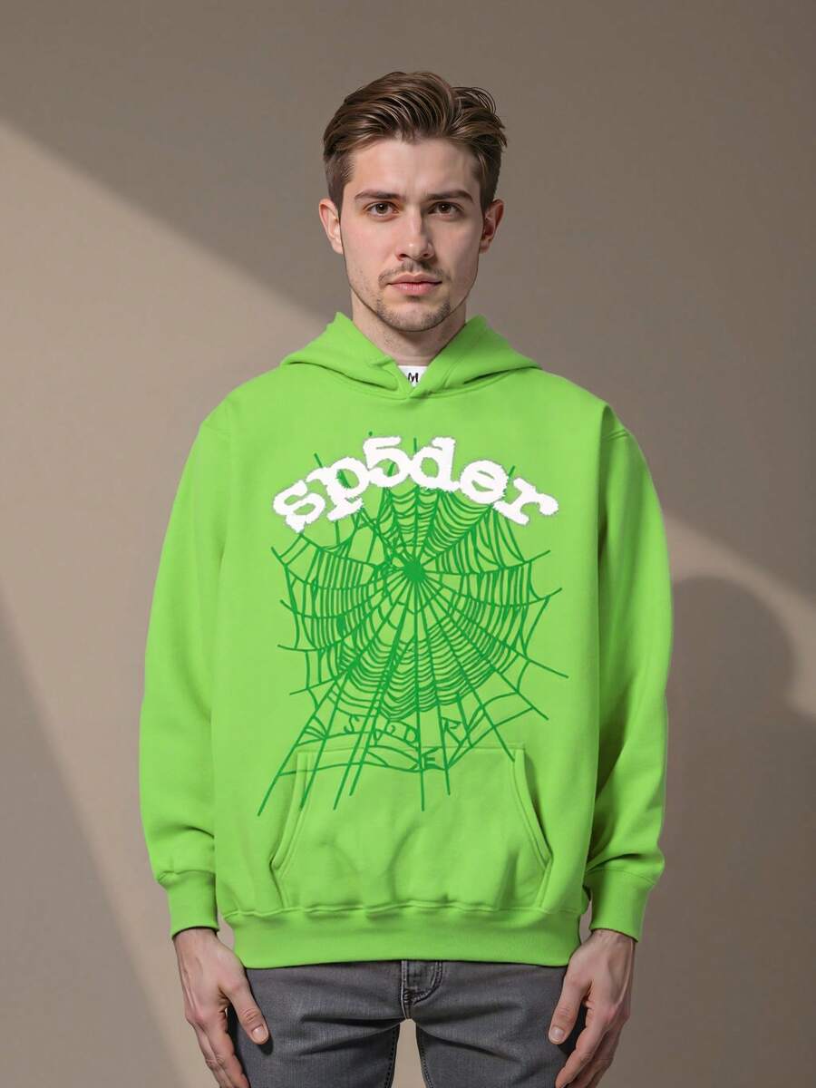 Sp5der 555555 Spider Web Foamed Printed Pure Cotton Hooded Sweatshirt Casual Long Pants Set For Autumn And Winter Men And Women  Spring/Fall  All    Drawstring  Pocket  Zipper