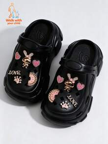 Walk With Your Child 1 Pair Children's Golden Rabbit Pattern Breathable Anti-Slip Sandals, Diamond-Encrusted Heart Accessories, Diamond-Encrusted Love Accessories, Open-Toe Slippers For Boys And Girls, Summer Beach Slides For Toddlers To Older Kids, Golden Rabbit Pattern And Cut Children's Sandals, Anti-Slip And Closed-Toe Children's Clogs, Summer Beach Sandals For Boys And Girls