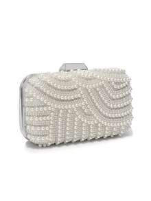 Mini Bolsa Clutch com Alça Transversal, Bordada com Pérolas Grandes e Pequenas em Ambos os Lados