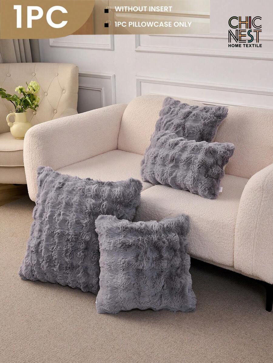 1 Stück graue Kunstfell Dekorative Kissenbezug (Füllung nicht enthalten), moderner Flanell Plüsch Kissenbezug mit Reißverschluss, geeignet für Zuhause, Sofa, Wohnzimmer