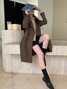 Elegant Solid Color Lapel Double-Breasted Double Pocket Jacket, Autumn - Brown - View 6