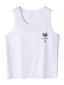 Men's Narrow Shoulder Coconut Tree & Letter Double-Sided Print Tank Top - White - View 3