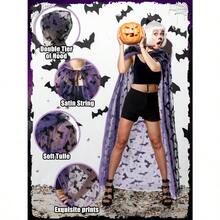 Halloween Costume Black Hooded Cape Tulle Cloak Medieval Hooded Cloak Vampire Robe With Hood For Women Cosplaygift - 紫色 - 查看 3