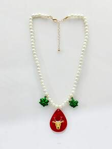 1 pieza Collar de Navidad para mujer, collar de cuentas de perlas falsas, estampado de reno de acrílico rojo, collar colgante con flor de Navidad verde, adecuado como regalo de fiesta de Navidad para mujeres