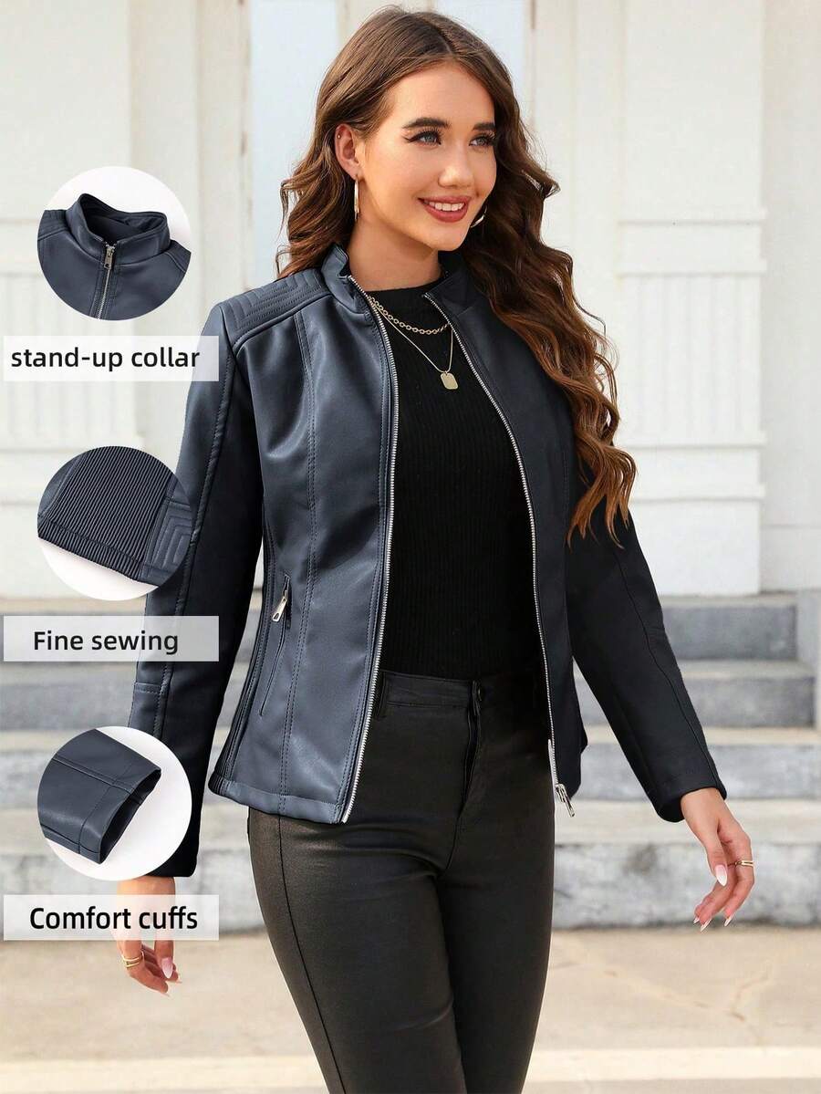 Giolshon Women Faux Leather Motorcycle Jacket - Asymmetric Zipper, Stand Collar, Suitable For Urban Streetwear And Commuting Style, Spring - Dark Blue - View 1