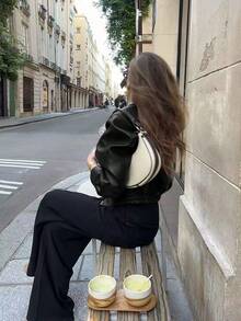 Áo khoác da ngắn màu đen cổ ve áo phong cách retro Mỹ Manneqi dành cho nữ, thích hợp mặc mùa xuân. - màu đen - Xem 2