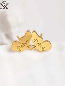 A Pair Of Bespoke Monogrammed Butterfly Wing Stud Earrings, Crafted From Stainless Steel. These Minimalist Butterfly Studs Feature A Distinctive, Understated Design. Perfect As A Gift For Her On Occasions Such As Christmas, Valentine's Day, Birthdays, Or Anniversaries. - Yellow Gold - View 4