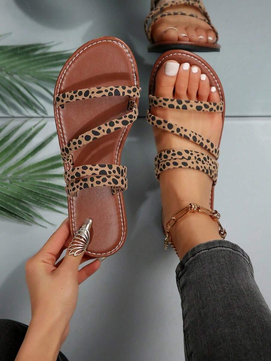 New Plus Size Women Comfortable Simple One-Strap Round Toe Leopard Print Flat Slide Sandals, Casual Fashion Outdoor Beach Slippers For Summer