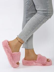 Fall/Winter Women's Fluffy Open Toe Platform Slippers, Comfortable Soft Open Toe Non-Slip Indoor Slippers, Home Slippers,Furry Shoes - Rose Red - View 5