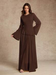 Women's Elegant Ruffle Trim Tie-Waist Flare Sleeve Dress, Spring/Summer - Coffee - View 2