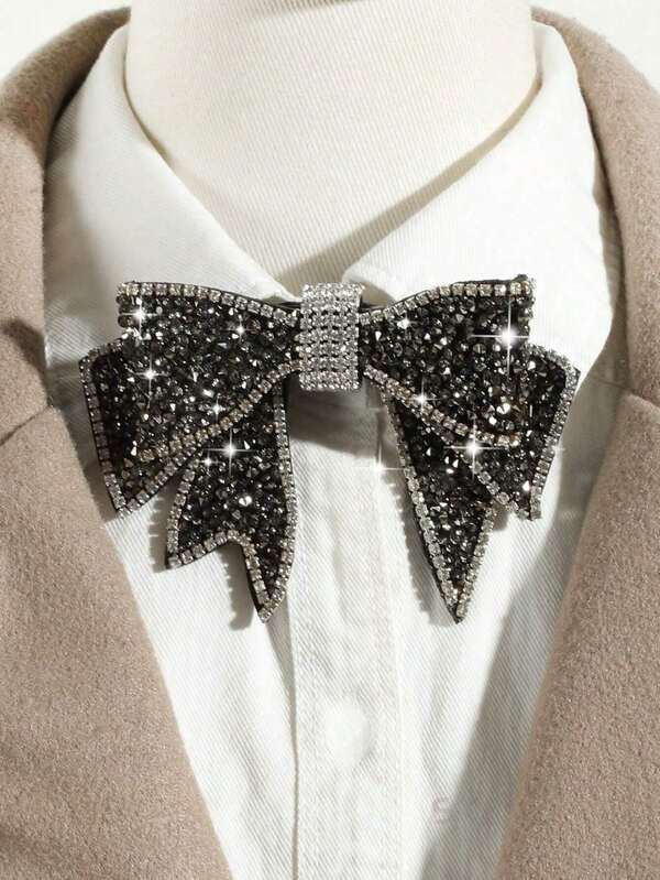 1pc Women's Fashion Black/Light Grey Rhinestone Decor Glamorous Bowknot Brooch Pin, Suitable For Party, Gift, Stage Performance, Wedding, Hosting