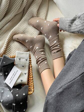 1/3/5/10 双女士心形印花休闲日常中筒袜 [随机搭配]