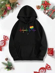 Unisex LGBTQ Pride Rainbow Heart Hoodie Soft Pink Casual Pullover With Front Pocket Machine Washable AutumnWinter Wear Ally Support Gift For Pride Month Christmas Birthdays Animethemed Design Durable Fabric Men Size S-3XL - 黑色 - 查看 2