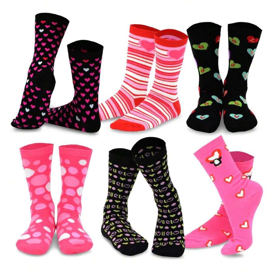 Valentine's Day Socks For Women 6-Pairs - Women's Crew Socks Heart Love Pattern - CottonCasual Dress Socks - Gift Idea For Her - Size 9-11 - 如圖716 - 查看 1