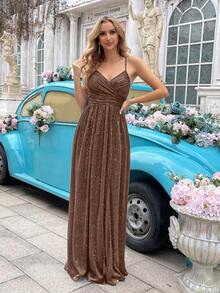 QOQ闪亮伴娘礼服，时尚女孩正式礼服，女士长款正式礼服，适合婚礼、正式活动、婚礼宾客、晚宴、订婚派对，褶皱高开衩无袖连衣裙 - 咖啡棕 - 查看 7