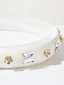 1 pièce Bandeau en tissu éponge de couleur unie style coréen, décoration de nœud avec strass minimaliste, accessoire cheveux polyvalent pour fête douce, assortiment de costume - Blanc - Voir 4