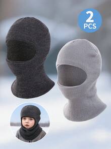 2 Stücke Jungen 1-8J Einfarbige gestrickte, warme, weiche, kältebeständige, süße tägliche Lässig Doppel-Bommel Strick Beanies, geeignet für den Outdoor- & Alltagsgebrauch, Herbst/Winter