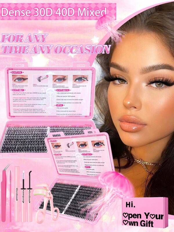 FQBFQB [Set de Pestañas Postizas] 418 piezas/836 piezas, Kit de pestañas postizas naturales y esponjosas de 30D 40D de gran capacidad, incluye accesorios (pegamento + pinzas + cepillo + rizador de pestañas), rizo D, tamaño de viaje, set de regalo, adecuado para principiantes, perfecto para regalo de San Valentín, Navidad, Halloween y cumpleaños de chicas