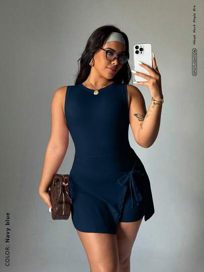 FWH 增强曲线，女士塑身运动连衣裙 - 可调节蝴蝶结腰部，四向弹力面料，裸感面料提臀廓形，松紧腰带 + 塑臀裙，裤裆处有护裆，基本款弹力瑜伽裙，夏季女士连衣裙