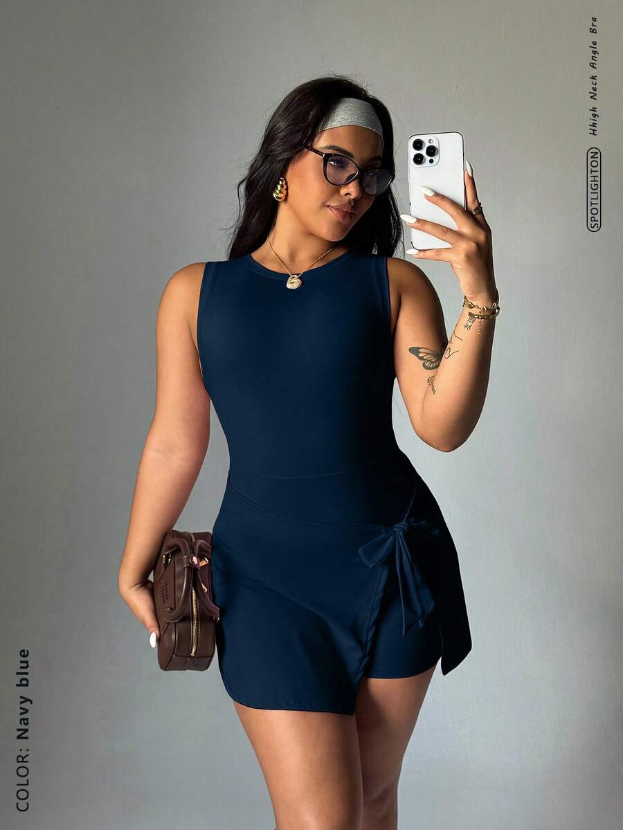 FWH 增强曲线，女士塑身运动连衣裙 - 可调节蝴蝶结腰部，四向弹力面料，裸感面料提臀廓形，松紧腰带 + 塑臀裙，裤裆处有护裆，基本款弹力瑜伽裙，夏季女士连衣裙 - 藏蓝色 - 查看 1