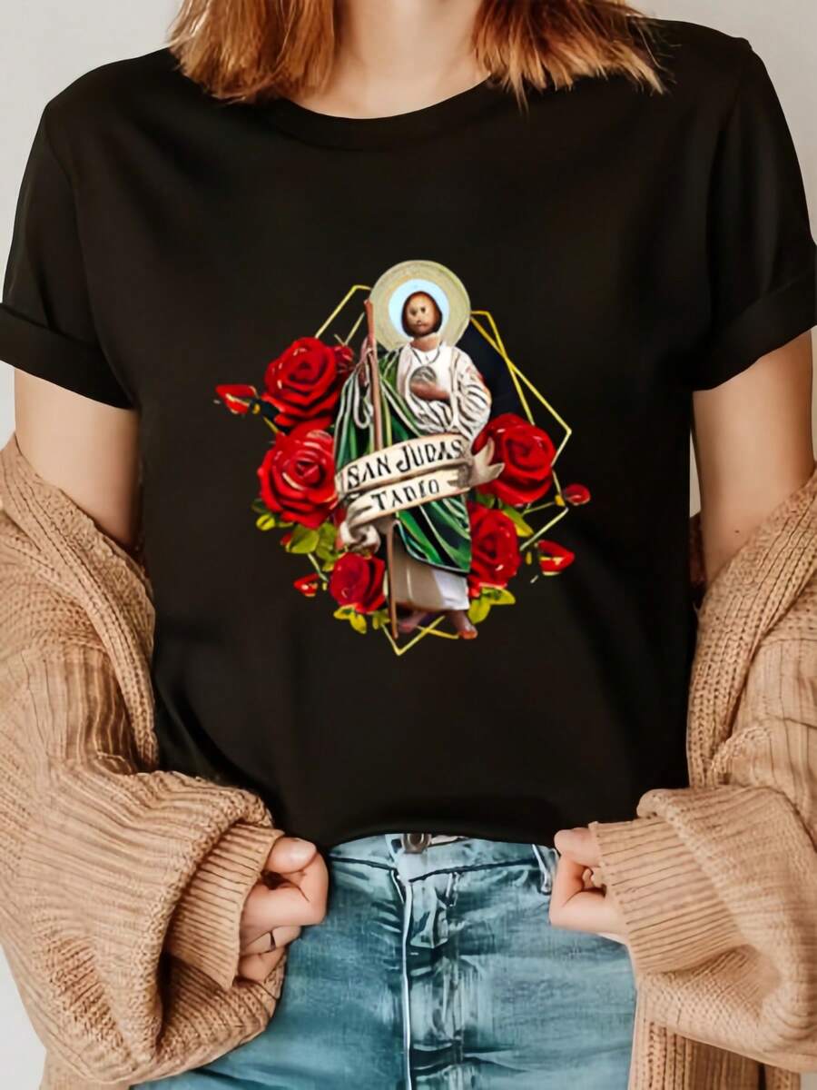 Camiseta Tadeo con rosas y dise?o religioso,Camiseta casual estampada de manga corta y cuello redondo, 100 % algodón - Negro - Ver 1