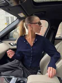 FOR BEAUTY Autumn And Winter Simple Solid Color Long-Sleeve Knit Sweater Women's New Casual Versatile Slim Fit Commuter Pullover Fashionable Elegant Solid Color Street Casual Top Christmas Sweater New Year