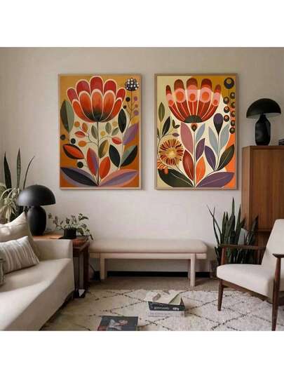 لوحتان فنية مطبوعة على قماش بتصميم نباتي مجرد ذو طابع إسكندنافي، لوحات جدارية ملونة ذات طابع عصري منتصف القرن، مناسبة لديكور الحمام والغرفة والمنزل والمطبخ والمكتب - هدية مثالية لعيد الحب والسنة الجديدة وعيد الهالوين والكريسماس والمنزل الجديد - بدون إطار
