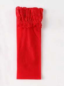 1 Pair Women's Red Contrast Lace Over-The-Knee Socks, Suitable For Pairing With Skirts Christmas Gift - Red - View 2
