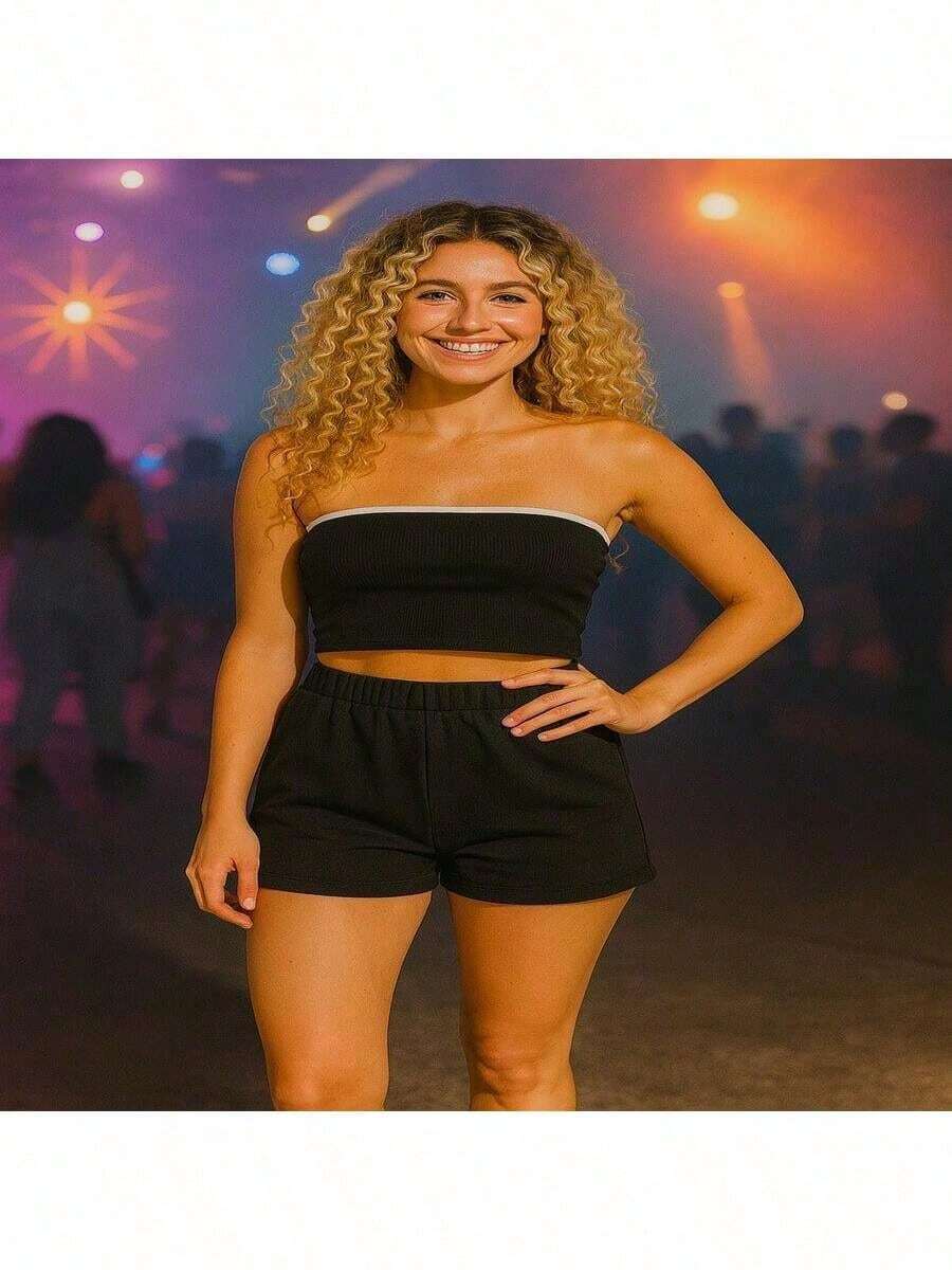 Conjunto Verão Lola – Cropped Tomara que Caia Ribana Com Bojo+ Shorts Feminino Cos Alto Elegante