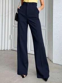 Women's Tailored Flare Pants With Fake Pockets At The Back - Màu xanh hải quân - Xem 1
