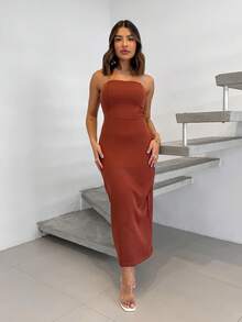 Tailored Midi Dress With Bust, Boning, Back Slit - Rust Brown - View 1