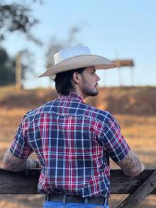 Ultra Jeans Cowboy Country Land Plaid Short Sleeve Shirt - 紅色和黑色 - 查看 3