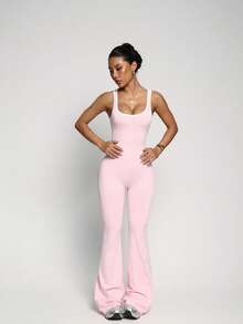 Midriff-Revealing Design, Elongates Leg Lines, Sexy Sportswear, Showcases Confident Charm, Backless Sports Jumpsuit, Cinched Waist Flare Pants Bodysuit, Butt-Lifting Activewear, Waist-Cinched Butt-Lifting Yoga Shapewear Jumpsuit - Pink - View 6