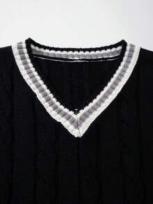 ANDREILEE 复古宽松休闲街头风男女通用V领插肩袖针织衫，纹理条纹拼接设计，适合春、秋、冬三季穿着。 - 黑色 - 查看 4