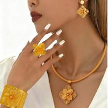 5 قطع/مجموعة مجوهرات عربية تقليدية أنيقة لعيد الأضحى للعروس، تشمل قلادة بزهرة مفرغة، خاتم، سوار، أقراط، مناسبة لاكسسوارات الزفاف والحفلات