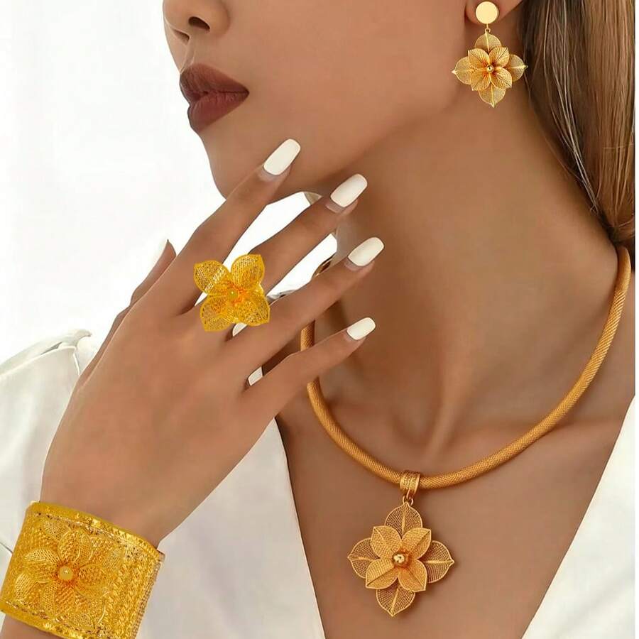 5 قطع/مجموعة مجوهرات عربية تقليدية أنيقة لعيد الأضحى للعروس، تشمل قلادة بزهرة مفرغة، خاتم، سوار، أقراط، مناسبة لاكسسوارات الزفاف والحفلات