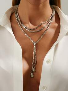 1pc Bohemian Geometric Square Beaded Teardrop Tassel Long Necklace, Luxurious Vacation Party Jewelry Gift For Women & Couples, Versatile Wear (Multiple Wearing Styles)