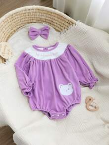 2件套女婴可爱小熊字母图案拼接领长袖连体衣和发带套装，休闲日常穿着，秋冬季 - 紫色 - 查看 1