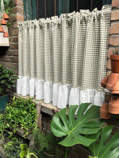 1pc Farmhouse Style Lattice Pattern Linen Short Curtain With White Lace Ruffles Decor Elegant Cafe Curtain Valance For Kitchen Bathroom Window Rod Pocket Top