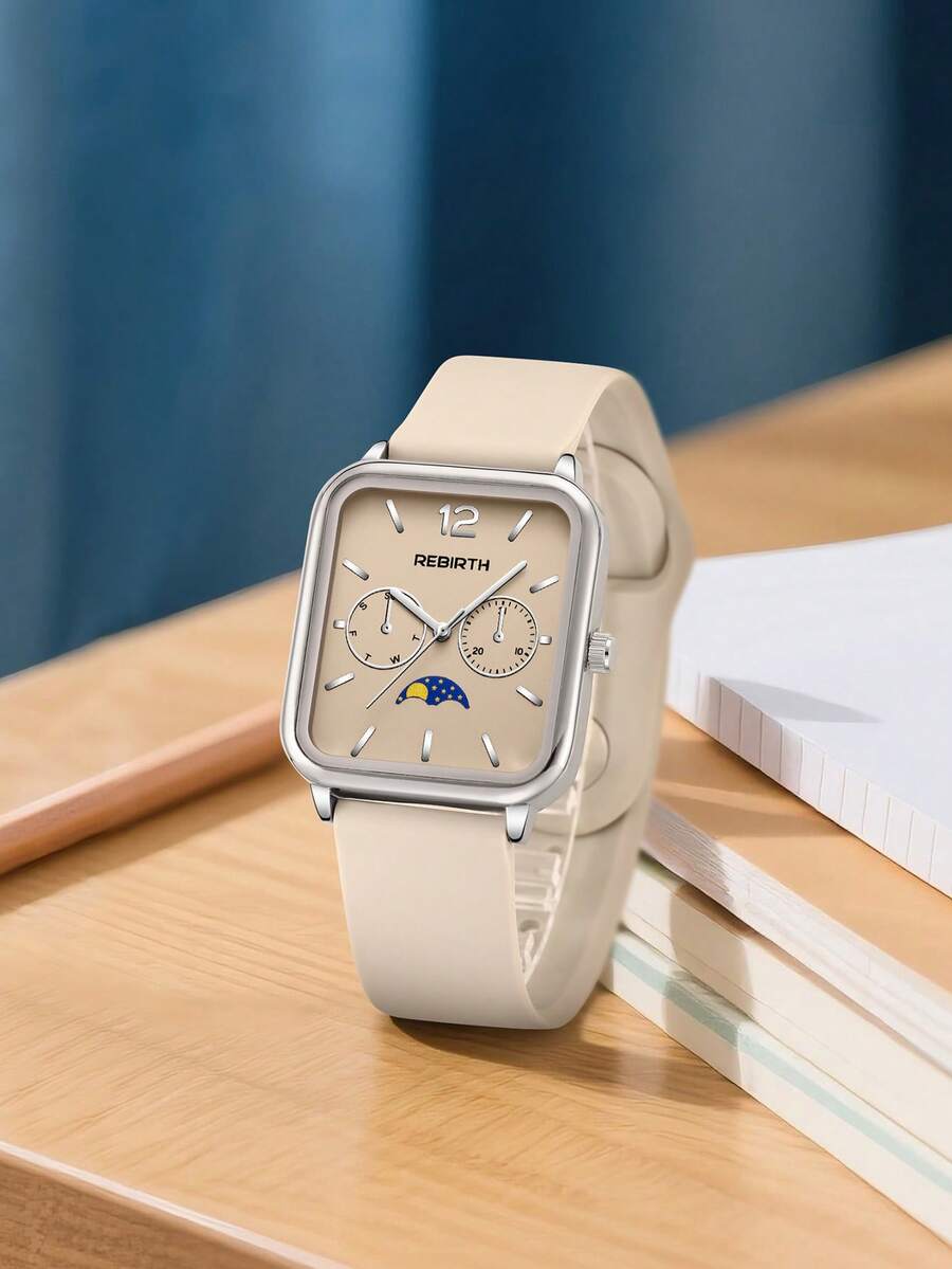 1 件女士方形简约时尚硅胶表带石英手表，适合日常佩戴 - 米色 - 查看 1