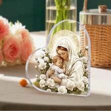 1pc Jesus And Virgin Mary Acrylic Figurine, Heart-Shaped Desktop Decor With White Rose, Suitable For Home And Office Decoration, No Electricity Required, Creative Spiritual Gift, Religious Theme, Christmas Decoration - Multicolor - View 5